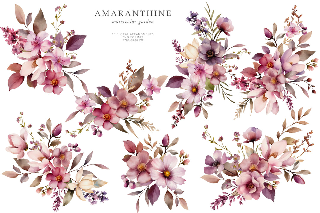 Amaranthine Floral Watercolor Clip Art Graphics Collection