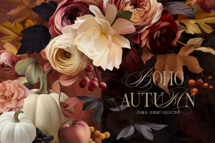 Boho Autumn Painted Floral Clip Art Graphics Collection