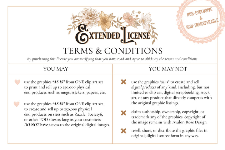 EXTENDED LICENSE - Non-Exclusive Extended License for ONE Avalon Rose Design Clip Art Set
