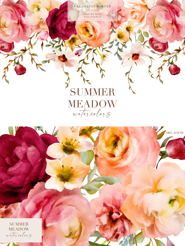 Summer Meadow Floral Watercolor Clip Art Graphics Collection