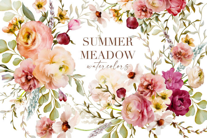Summer Meadow Floral Watercolor Clip Art Graphics Collection