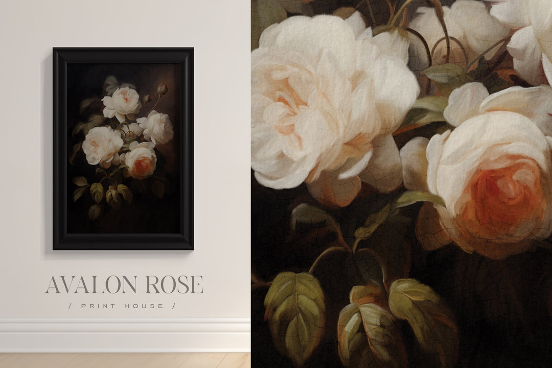 Vintage Victorian Cream Roses Oil Painting Art Print