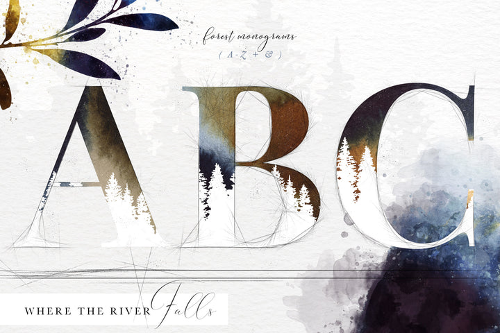 River Falls Forest Watercolors and Monogram Graphics