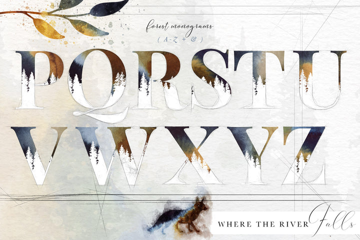 River Falls Forest Watercolors and Monogram Graphics